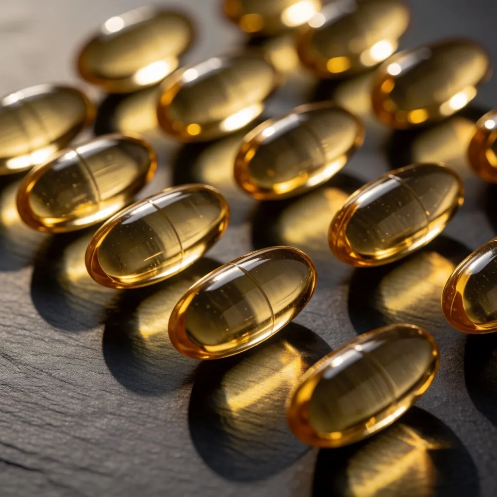 B-vitamin capsules arranged on dark surface