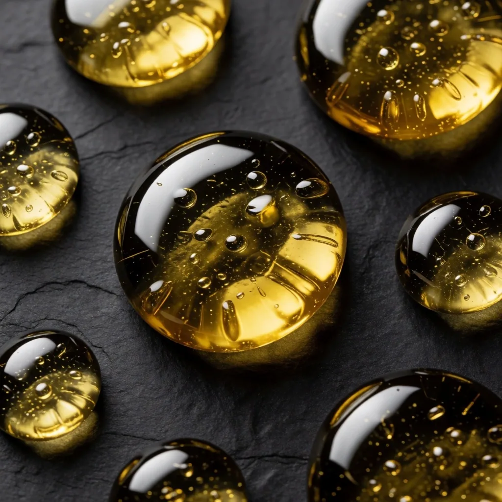 Amber supplement capsules on dark stone