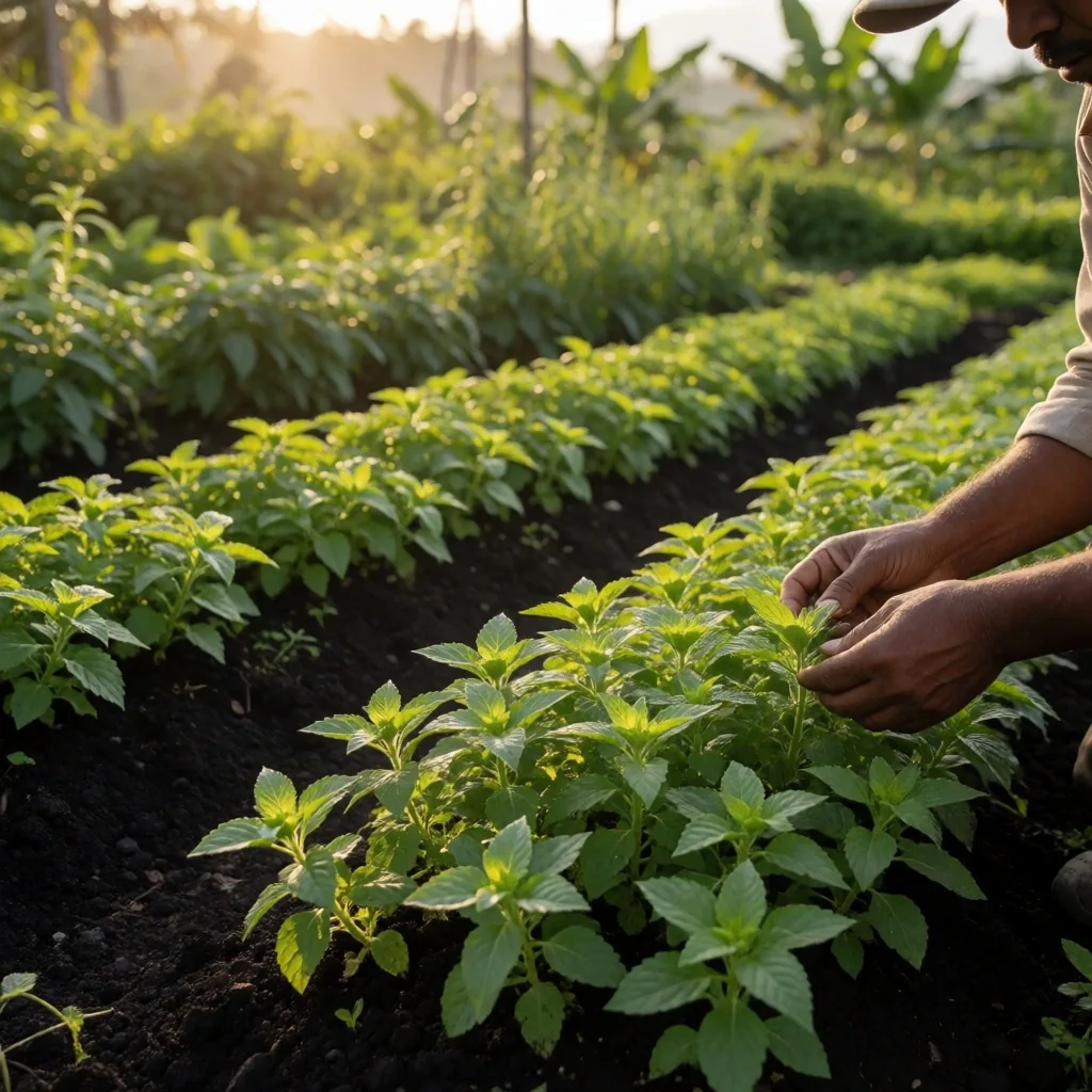 Sunlit botanical garden with medicinal herbs in Bali