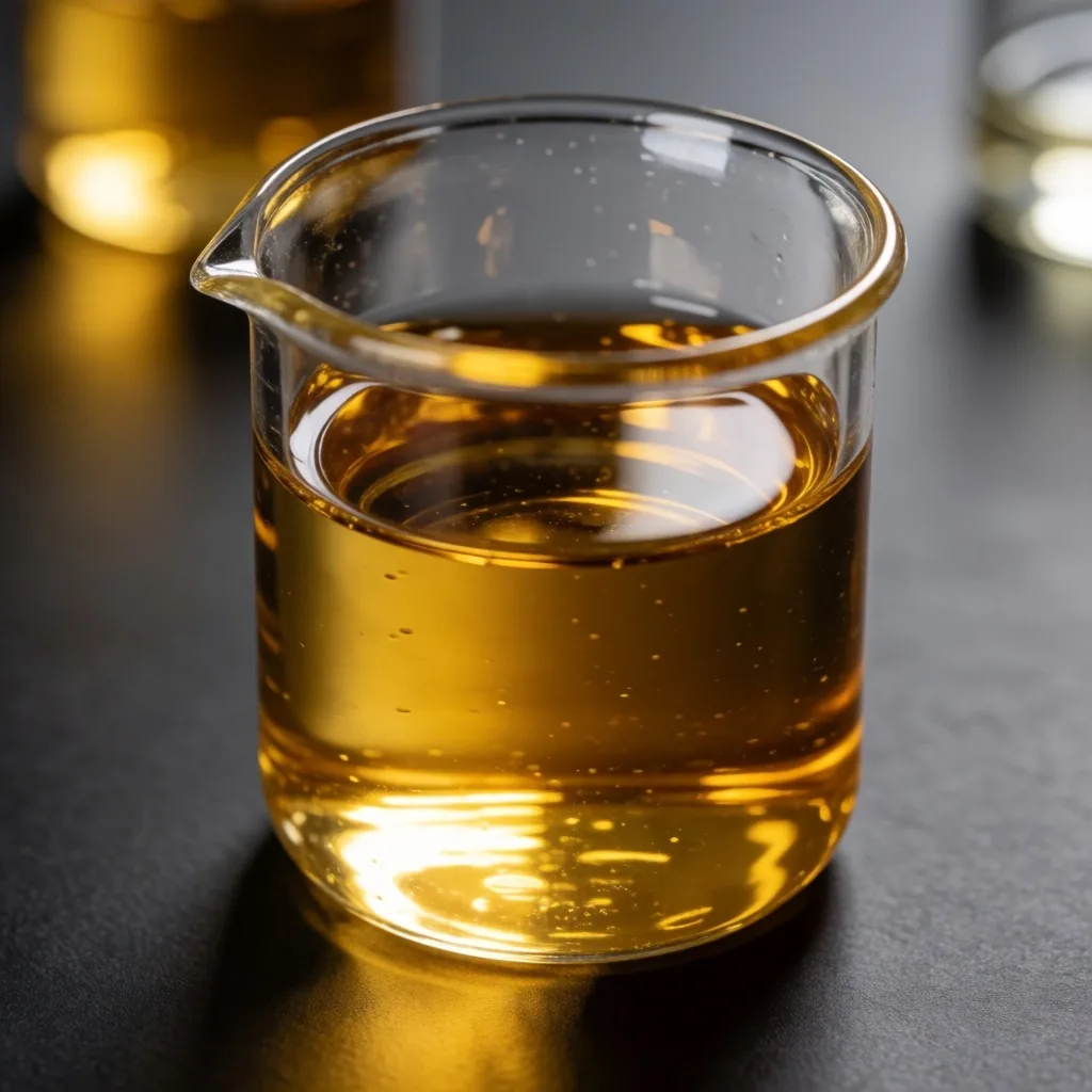 Glass beaker with golden herbal extract on a dark surface